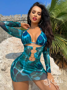 Conjunto Praia Biquíni Com Saída Manga Longa Estampa Marmorizada Verde / PP Conjunto Praia Biquíni Com Saída Manga