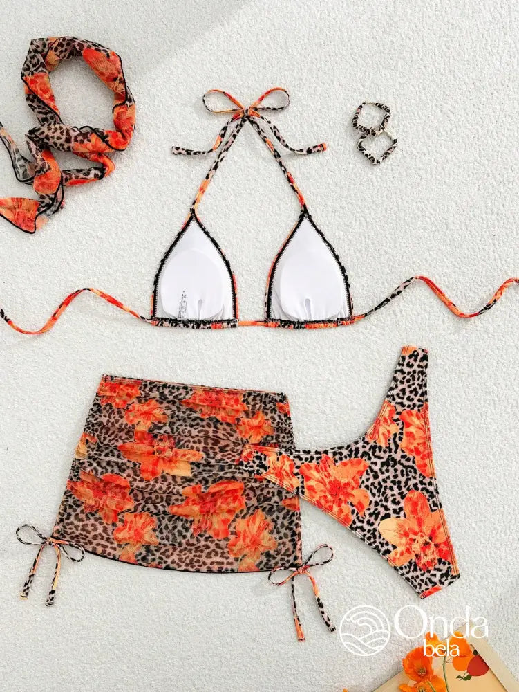 Conjunto Praia Biquíni Floral Animal Print Com Saia E Faixa Conjunto Praia Biquíni Floral Animal Print Com Saia E Faixa