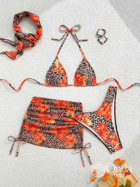 Conjunto Praia Biquíni Floral Animal Print Com Saia E Faixa Laranja / PP Conjunto Praia Biquíni Floral Animal Print Com