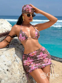 Conjunto Praia Biquíni Floral Animal Print Com Saia E Faixa Rosa Chiclete / PP Conjunto Praia Biquíni Floral Animal