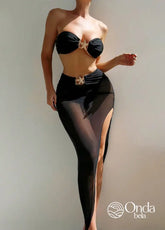 Conjunto Praia Biquíni Tomara Que Caia Com Saia Longa Assimétrica Preto / PP Conjunto Praia Biquíni Tomara Que Caia Com