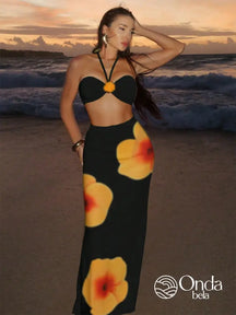 Conjunto Praia Biquíni Tomara Que Caia Com Saia Longa Floral Preto / PP Conjunto Praia Biquíni Tomara Que Caia Com Saia