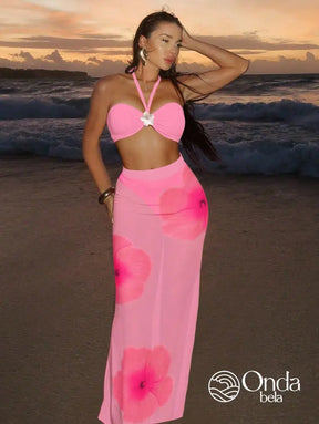 Conjunto Praia Biquíni Tomara Que Caia Com Saia Longa Floral Rosa / PP Conjunto Praia Biquíni Tomara Que Caia Com Saia