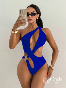 Maiô Assimétrico Um Ombro Só Com Recortes E Argola Azul Royal / PP Maiô Assimétrico Um Ombro Só Com Recortes E Argola