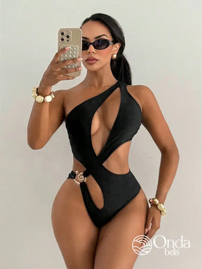 Maiô Assimétrico Um Ombro Só Com Recortes E Argola Preto / PP Maiô Assimétrico Um Ombro Só Com Recortes E Argola