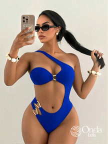 Maiô Assimétrico Um Ombro Só Com Recortes E Argolas Azul / PP Maiô Assimétrico Um Ombro Só Com Recortes E Argolas