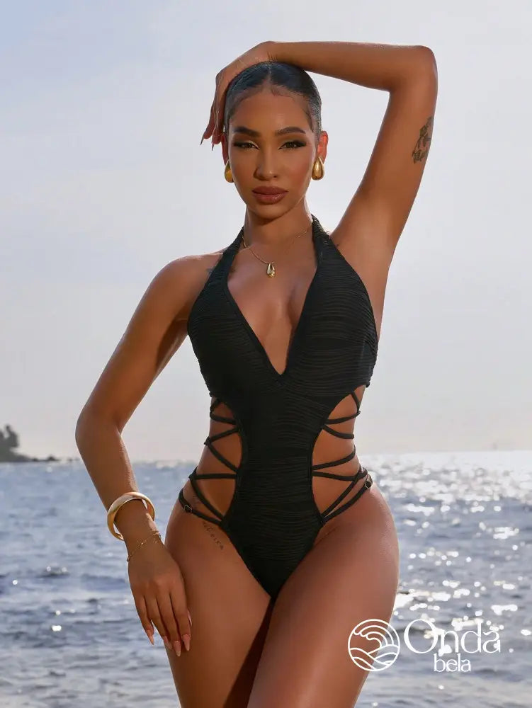 Maiô Decote Profundo Com Laterais Vazadas E Tiras Cruzadas Maiô Decote Profundo Com Laterais Vazadas E Tiras Cruzadas