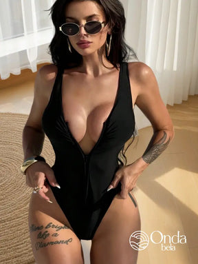 Maiô Decote Profundo Com Zíper Frontal E Franzido Maiô Decote Profundo Com Zíper Frontal E Franzido