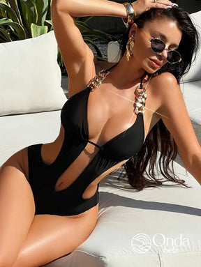 Maiô Engana Mamãe Com Correntes E Recortes Laterais Preto / PP Maiô Engana Mamãe Com Correntes E Recortes Laterais