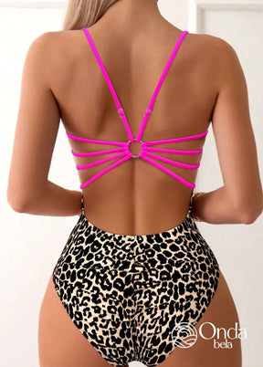 Maiô Estampa Animal Print Com Costas Vazadas E Tiras Rosa Choque / PP Maiô Estampa Animal Print Com Costas Vazadas E