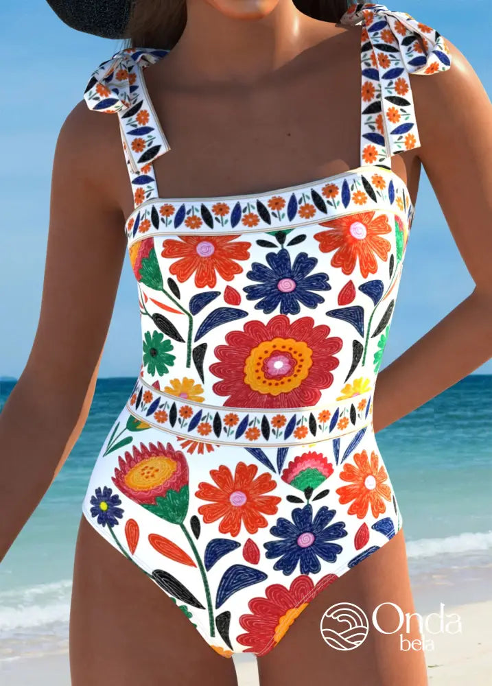 Maiô Estampado Floral Com Alças Largas E Laço Duplo Maiô Estampado Floral Com Alças Largas E Laço Duplo