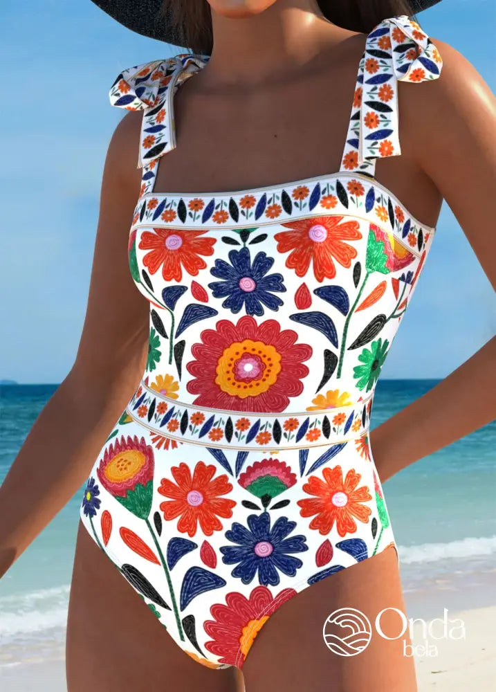 Maiô Estampado Floral Com Alças Largas E Laço Duplo Branco / PP Maiô Estampado Floral Com Alças Largas E Laço Duplo