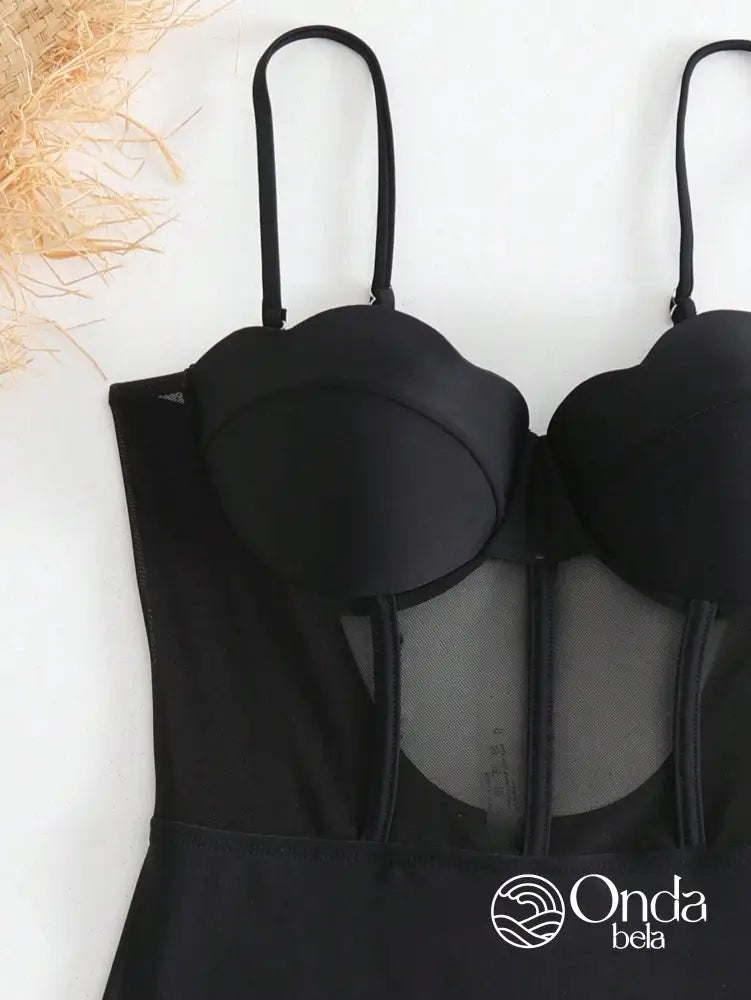 Maiô Meia Taça Com Tule Transparente E Bojo Estruturado Maiô Meia Taça Com Tule Transparente E Bojo Estruturado