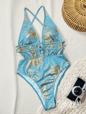 Maiô Metalizado Decote Profundo Com Faixas Na Cintura Maiô Metalizado Decote Profundo Com Faixas Na Cintura