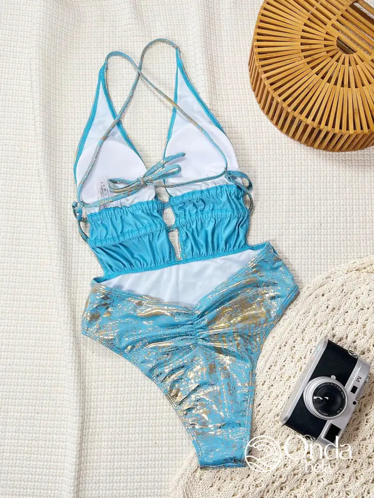 Maiô Metalizado Decote Profundo Com Faixas Na Cintura Maiô Metalizado Decote Profundo Com Faixas Na Cintura