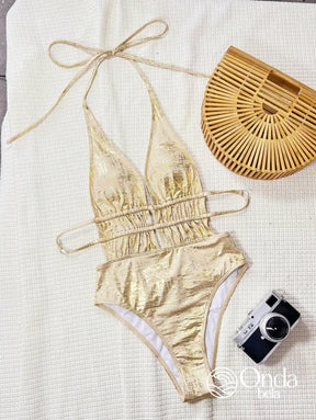 Maiô Metalizado Decote Profundo Com Faixas Na Cintura Maiô Metalizado Decote Profundo Com Faixas Na Cintura