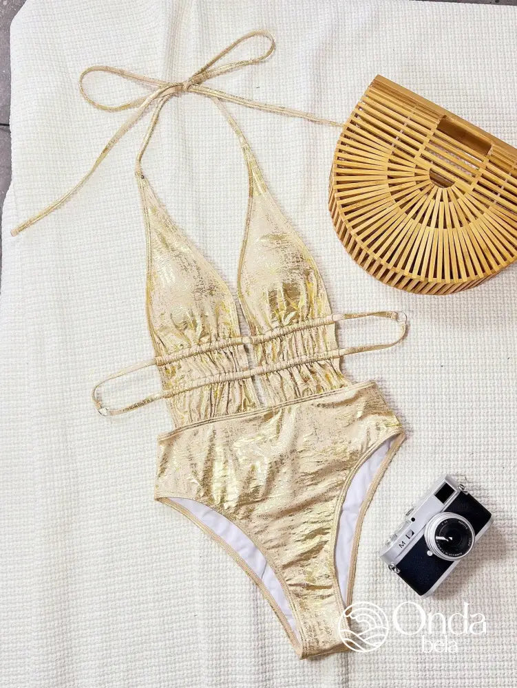 Maiô Metalizado Decote Profundo Com Faixas Na Cintura Maiô Metalizado Decote Profundo Com Faixas Na Cintura