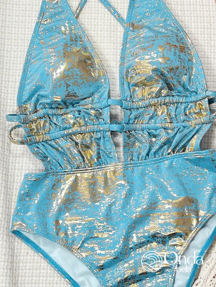 Maiô Metalizado Decote Profundo Com Faixas Na Cintura Maiô Metalizado Decote Profundo Com Faixas Na Cintura