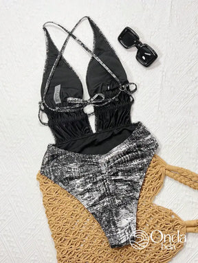 Maiô Metalizado Decote Profundo Com Faixas Na Cintura Maiô Metalizado Decote Profundo Com Faixas Na Cintura