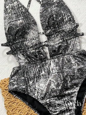 Maiô Metalizado Decote Profundo Com Faixas Na Cintura Maiô Metalizado Decote Profundo Com Faixas Na Cintura