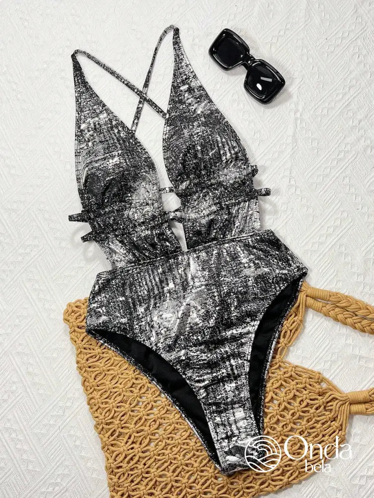 Maiô Metalizado Decote Profundo Com Faixas Na Cintura Maiô Metalizado Decote Profundo Com Faixas Na Cintura