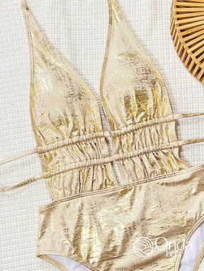 Maiô Metalizado Decote Profundo Com Faixas Na Cintura Maiô Metalizado Decote Profundo Com Faixas Na Cintura