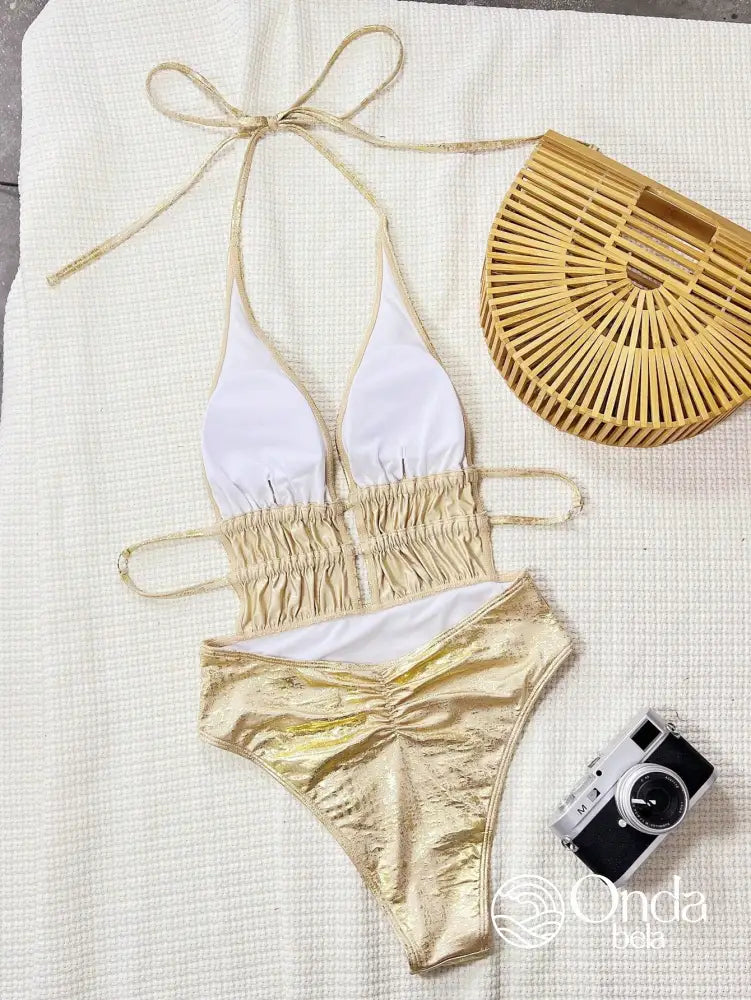 Maiô Metalizado Decote Profundo Com Faixas Na Cintura Maiô Metalizado Decote Profundo Com Faixas Na Cintura