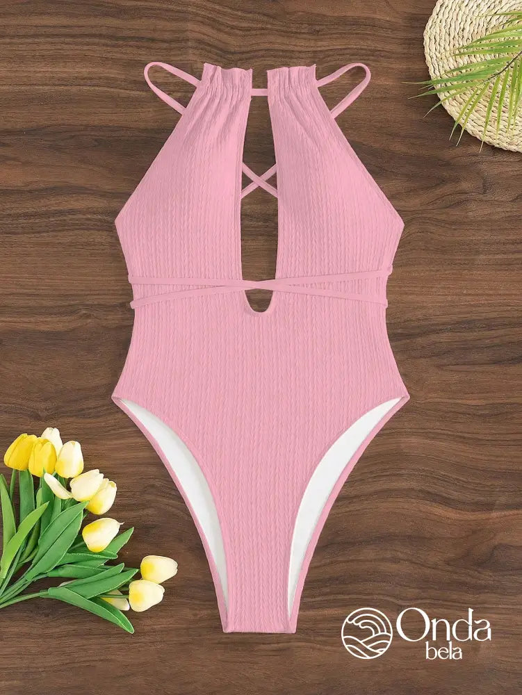 Maiô Texturizado Decote Profundo Com Amarração Cruzada Maiô Texturizado Decote Profundo Com Amarração Cruzada