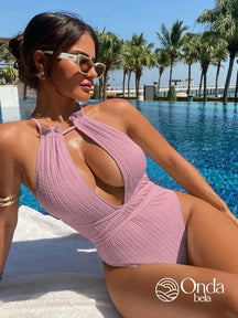 Maiô Texturizado Decote Profundo Com Amarração Cruzada Rosa / PP Maiô Texturizado Decote Profundo Com Amarração Cruzada