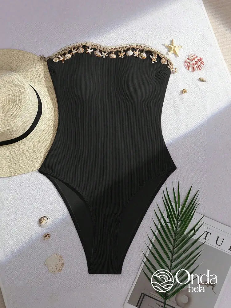 Maiô Tomara Que Caia Canelado Com Bordado De Conchas Maiô Tomara Que Caia Canelado Com Bordado De Conchas