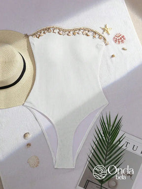 Maiô Tomara Que Caia Canelado Com Bordado De Conchas Maiô Tomara Que Caia Canelado Com Bordado De Conchas