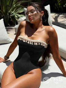 Maiô Tomara Que Caia Canelado Com Bordado De Conchas Preto / PP Maiô Tomara Que Caia Canelado Com Bordado De Conchas