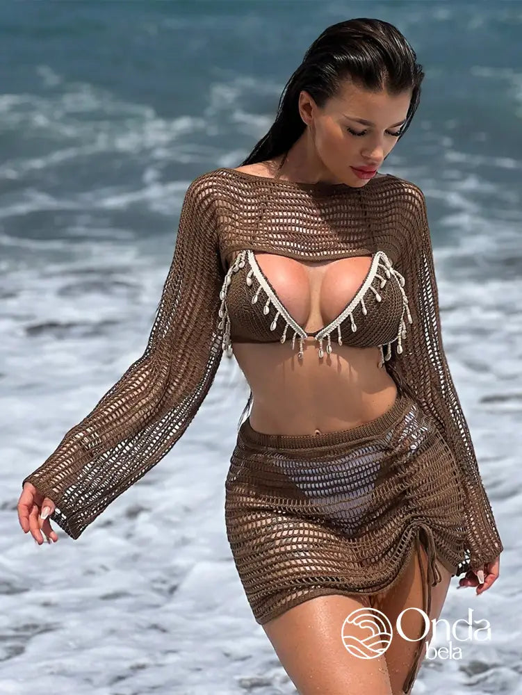 Saída De Praia Conjunto Crochê Com Franjas De Búzios Café / PP Saída De Praia Conjunto Crochê Com Franjas De Búzios