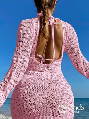 Saída De Praia Curta Crochê Floral Manga Longa Saída De Praia Curta Crochê Floral Manga Longa