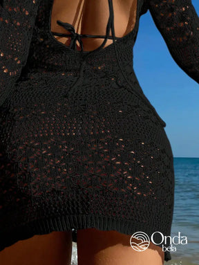 Saída De Praia Curta Crochê Floral Manga Longa Saída De Praia Curta Crochê Floral Manga Longa