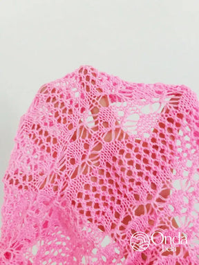 Saída De Praia Curta Crochê Floral Manga Longa Saída De Praia Curta Crochê Floral Manga Longa