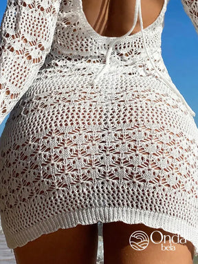 Saída De Praia Curta Crochê Floral Manga Longa Saída De Praia Curta Crochê Floral Manga Longa