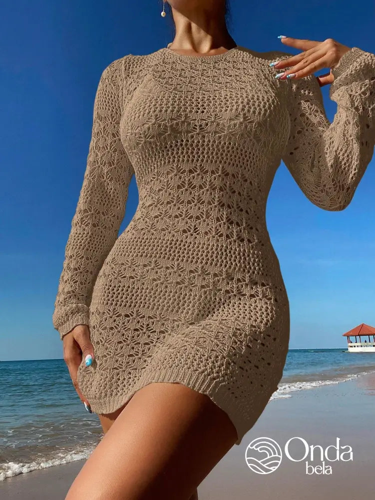 Saída De Praia Curta Crochê Floral Manga Longa Saída De Praia Curta Crochê Floral Manga Longa