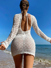 Saída De Praia Curta Crochê Floral Manga Longa Branco / PP Saída De Praia Curta Crochê Floral Manga Longa