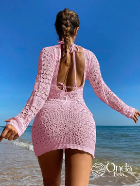 Saída De Praia Curta Crochê Floral Manga Longa Rosa Chiclete / PP Saída De Praia Curta Crochê Floral Manga Longa