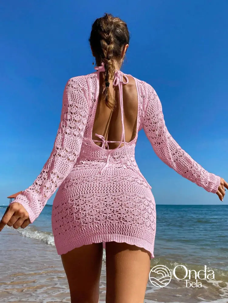 Saída De Praia Curta Crochê Floral Manga Longa Rosa Chiclete / PP Saída De Praia Curta Crochê Floral Manga Longa