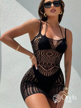 Saída De Praia Curta Crochê Vazado Com Alças Finas Preto / PP Saída De Praia Curta Crochê Vazado Com Alças Finas