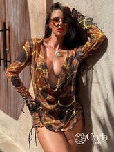 Saída De Praia Curta Estampada Decote Profundo Drapeado Estampado / PP Saída De Praia Curta Estampada Decote Profundo