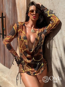 Saída De Praia Curta Estampada Decote Profundo Drapeado Estampado / PP Saída De Praia Curta Estampada Decote Profundo