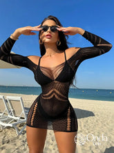 Saída De Praia Curta Tela Vazado Ombro A Ombro Elegante Preto / PP Saída De Praia Curta Tela Vazado Ombro A Ombro