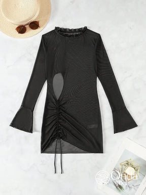 Saída De Praia Curta Tule Transparente Com Recortes Saída De Praia Curta Tule Transparente Com Recortes