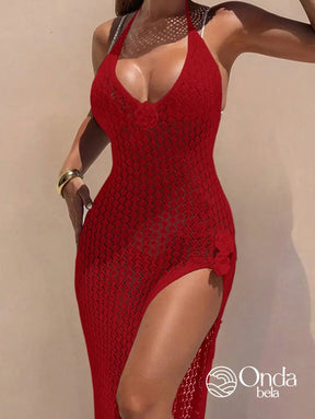 Saída De Praia Longa Crochê Com Fenda Lateral E Flor Saída De Praia Longa Crochê Com Fenda Lateral E Flor