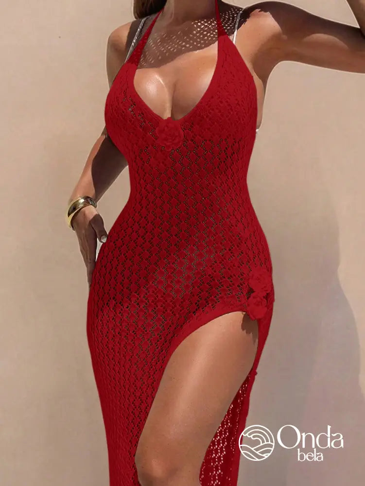 Saída De Praia Longa Crochê Com Fenda Lateral E Flor Saída De Praia Longa Crochê Com Fenda Lateral E Flor