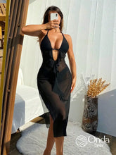 Saída De Praia Longa Transparente Com Babados E Fenda Preto / PP Saída De Praia Longa Transparente Com Babados E Fenda