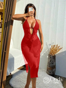 Saída De Praia Longa Transparente Com Babados E Fenda Vermelho / PP Saída De Praia Longa Transparente Com Babados E